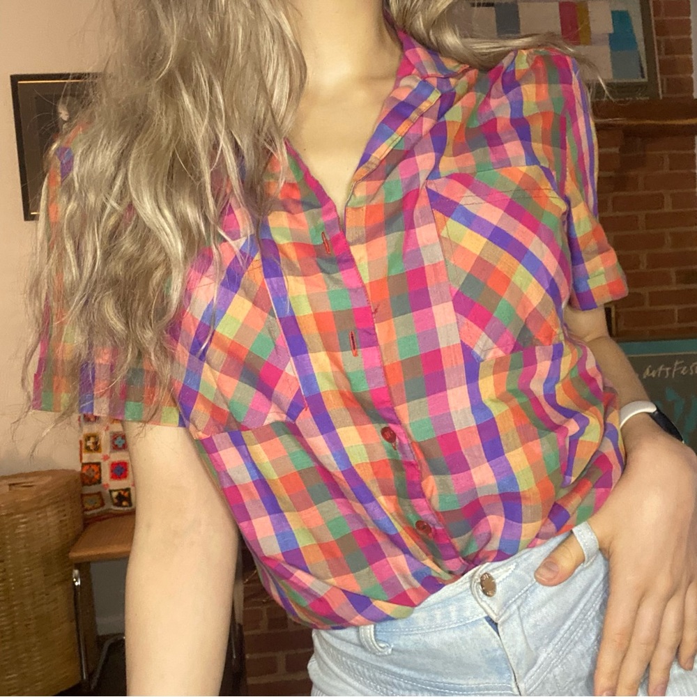 Vintage 80s Ecco Bay Plaid Rainbow Multi Checkered Short Sleeve Button U… - Picture 4 of 14